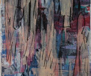 blick aus dem fenster eines cafes auf die straße waehrend es regnet acryl with oil crayons